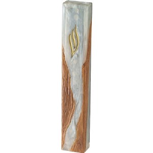 Picture of Polyresin Epoxy Mezuzah Case Rectangle Shape Wood Look Accent Gold Shin White 15cm